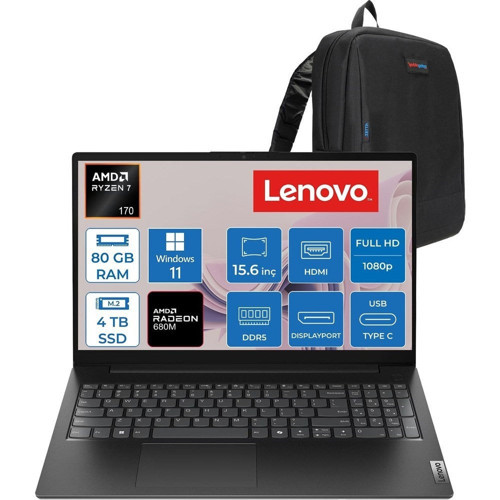 V15 G6 Arp Amd Ryzen™ 7 170 80GB Ddr5 4tb SSD Amd Radeon™ 680M Graphics 15.6" Fhd (1920X1080) IPS 300NITS WIN11PRO Taşınabilir Bilgisayar 83V40026TXP30+ZETTAÇANTA