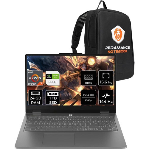 Loq Essential Ryzen 7 7735HS RTX 3050 24GB RAM 1TB SSD 15.6" FHD 144Hz FreeDOS 83S00033TRP311 Gaming Laptop + Per4 Çanta