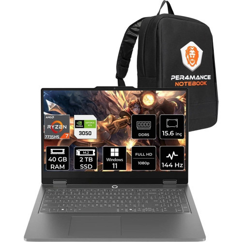 Loq Essential Ryzen 7 7735HS RTX 3050 40GB RAM 2TB SSD 15.6" FHD 144Hz Win11 Pro 83S00033TRP392 Gaming Laptop + Per4 Çanta