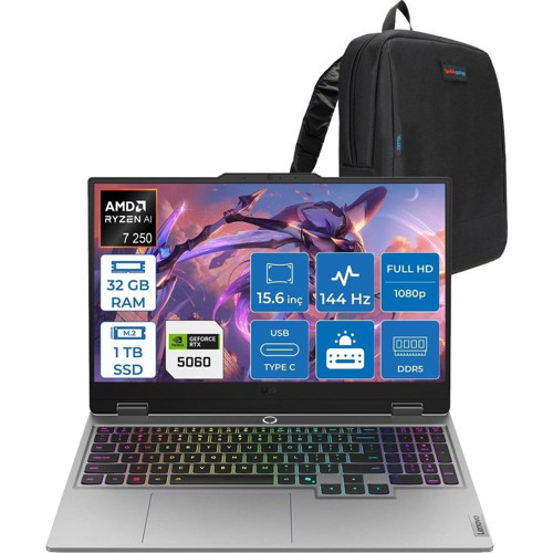Lenovo Loq 15AHP10 Ryzen 7 250 32GB Ddr5 1tb SSD 8GB/RTX5060/100W 15.6" Fhd IPS 144Hz Windows 11 Home Taşınabilir Bilgisayar 83JG0055TRH10 + Zettaçanta