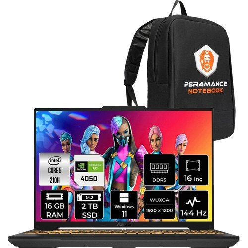 Tuf Gaming F16 Core Ultra 5 210H RTX 4050 Gaming Laptop 16GB RAM 2TB SSD 16" FHD+ 144Hz Win11 Pro + Per4 Çanta FX607VURL145P389