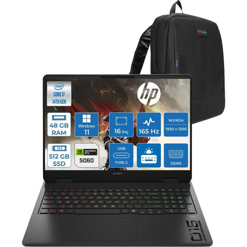 Omen 16-AM0016NT Intel Core I7 14650HX 48GB Ddr5 512GB SSD RTX5060 Gddr7 8gb Windows 11 Pro 16 Inç Wuxga (1920 x 1200) 165HZ 3ms 400NIT 100% Srgb Taşınabilir Bilgisayar WBQ3R2EAP25 + Zetta Çanta