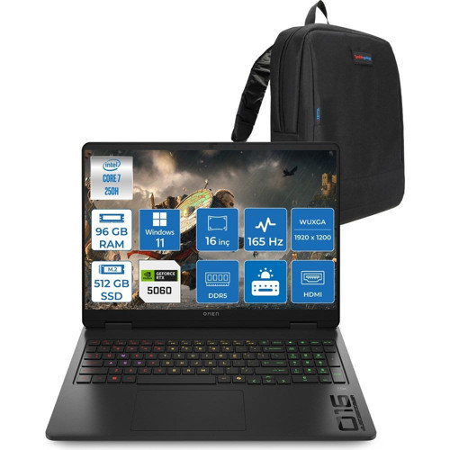 Omen Gaming Laptop Intel Core 7 250H Aı 96GB Ddr5 512GB SSD 8GB/RTX5060 Gddr7 16" 165 Hz, 3 Ms IPS 400 Nits IPS 2k (1920 x 1200 WIN11PRO Gaming BILG.BQ9A8EAP27+ZETTAÇANTA
