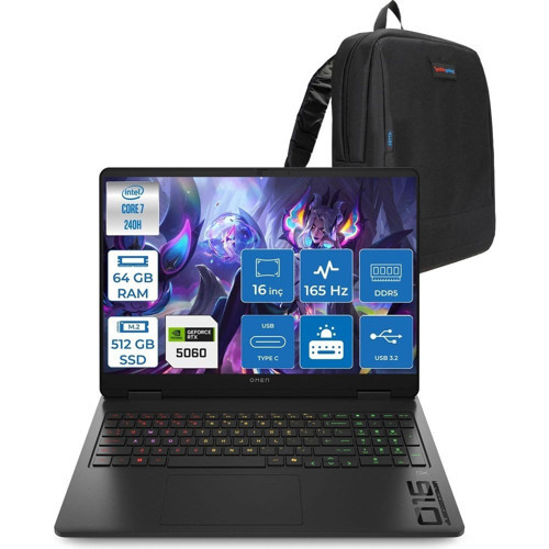Omen W16-AM0017NT Intel Core 7 240H 64GB Ddr5 512GB SSD Freedos RTX5060 8gb Gddr7 16 Inc Wuxga (1920 x 1200) IPS 165HZ 3ms 400NITS 100% Srgb Gaming Laptop WBQ1Z0EAF37 + Zetta Çanta