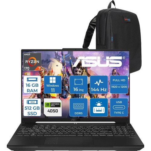 Tuf Gaming A16 (FA607NUQ-GAMING) Amd Ryzen™ 7 170 16GB Ddr5 512GB SSD RTX4050/6GB 140W 16″/fhd+ 16:10 (1920 x 1200, Wuxga) 300 Nits, 144Hz, WIN11PRO Taşınabilir Bilgisayar RL028P02+ZETTAÇANTA