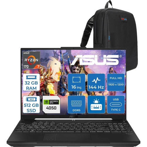 Tuf Gaming A16 (FA607NUQ-GAMING) Amd Ryzen™ 7 170 32GB Ddr5 512GB SSD RTX4050/6GB 140W 16″/fhd+ 16:10 (1920 x 1200, Wuxga) 300 Nits, 144Hz, Freedos Taşınabilir Bilgisayar RL028F12+ZETTAÇANTA