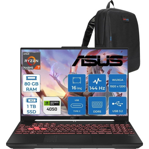 Tuf Gaming A16 (FA607NUG-GAMING) Amd Ryzen™ 7 7445HS 80GB Ddr5 1tb SSD RTX4050/6GB 140W 16-Inch, Fhd+ 16:10 (1920 x 1200, Wuxga) 144Hz IPS Freedos Taşınabilir Bilgisayar RL125F28+ZETTAÇANTA