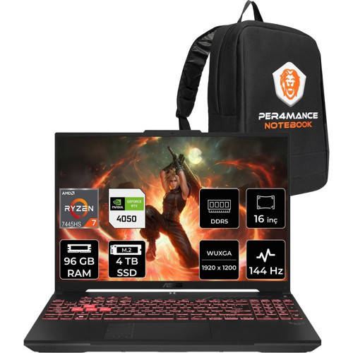Tuf A16 Ryzen 7 7445HS RTX 4050 Gaming Laptop 96GB RAM 4TB SSD 16" FHD+ 144Hz FreeDOS + Per4 Çanta FA607NUGRL208P340