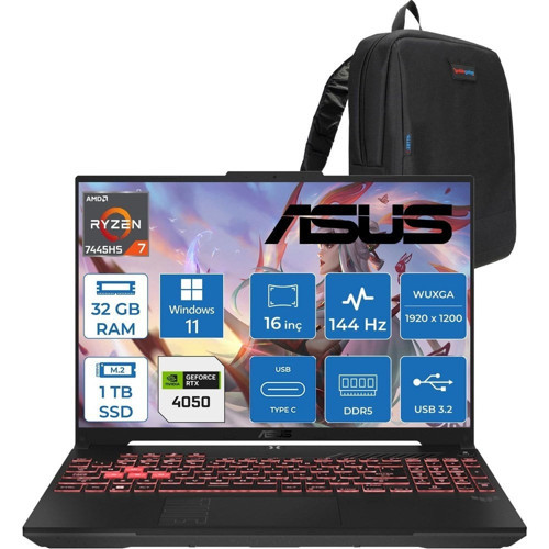 Tuf Gaming A16 (FA607NUG-GAMING) Amd Ryzen™ 7 7445HS 32GB Ddr5 1tb SSD RTX4050/6GB 140W 16-Inch, Fhd+ 16:10 (1920 x 1200, Wuxga) 144Hz IPS WIN11PRO Taşınabilir Bilgisayar RL125P13+ZETTAÇANTA
