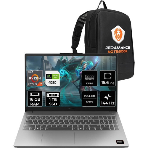 Loq 15ARP10E Ryzen 7 7735HS RTX 4050 Gaming Laptop 16GB RAM 1TB SSD 15.6" FHD 144Hz FreeDOS + Per4 Çanta 83S0002YTRP307