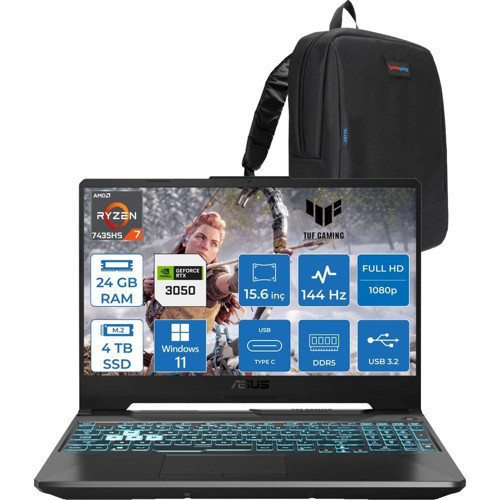 Tuf Gaming A15 FA506NCR Amd Ryzen 7 7435HS 24GB Ddr5 4tb SSD RTX3050 4gb 15.6" Fhd IPS 144HZ Windows 11 Pro Taşınabilir Bilgisayar HN034P08 + Zetta Çanta