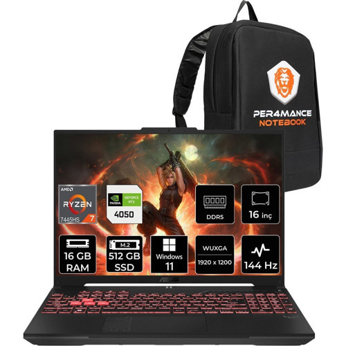 Tuf A16 Amd Ryzen 7 7445HS 16GB 512GB SSD RTX4050/6GB 140W 16" Fhd+ 144Hz W11P Taşınabilir Bilgisayar & Per4 Çanta FA607NUGRL208P387