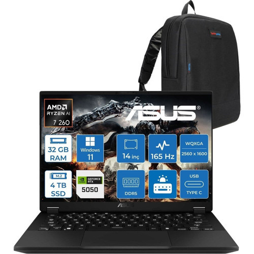 Tuf Gaming A14 FA401UH Amd Aı Ryzen 7 260 32GB Ddr5 4tb SSD 8GB/RTX5050 115W 14-Inch, 165Hz 2.5k (2560 x 1600, 400NITS Wqxga WIN11PRO Gaming Laptop ZRG02P05+ZETTAÇANTA