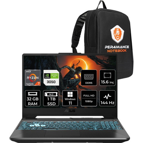 Tuf Gaming A15 Ryzen 7 7445HS RTX 3050 Gaming Laptop 32GB RAM 1TB SSD 15.6" FHD 144Hz Win11 Pro + Per4 Çanta FA506NCGHN265P398