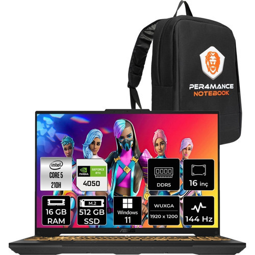 Tuf Gaming F16 Core Ultra 5 210H RTX 4050 Gaming Laptop 16GB RAM 512GB SSD 16" FHD+ 144Hz Win11 Pro + Per4 Çanta FX607VURL145P387