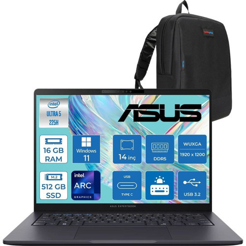 Expertbook B3 (B3405CCA) Intel® Core™ Ultra 5 225H 16GB Ddr5 512GB SSD Intel® Arc™ Grafik 14"WUXGA(1920 x 1200)400 NIT,SRGB:%100 WIN11HOME Taşınabilir Bilgisayar U5225H16512B0DH02+ZETTAÇANTA