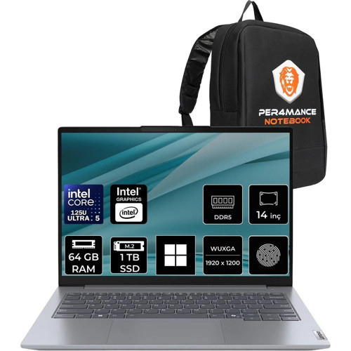 Thinkbook 14 Gen 7 Core Ultra 5 125U 64GB Ram 1tb SSD 14" Fhd+ WIN11 Pro 21MR0095TRP433 Notebook + Per4 Çanta
