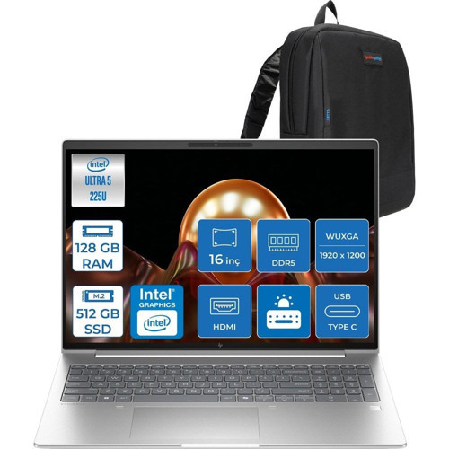 Elitebook 6 G1I Intel® Core Ultra 5 225U 128GB Ddr5 512GB SSD 16" Wuxga (1920X1200) IPS 300NIT Freedos Taşınabilir Bilgisayar AD4G3ETF32+ZETTAÇANTA