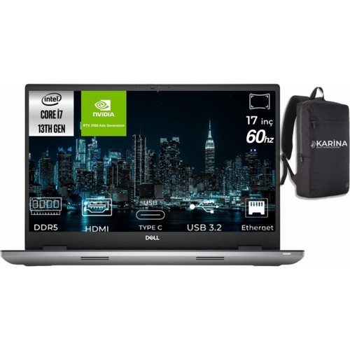 Precision M7780 I7-13850HX XCTOP7780EMEA_VP-1-K28 48GB 4tb+4tb RTX3500 Ada 12GB W11PRO 17" Fhd 60Hz Dizüstü Bilgisayar
