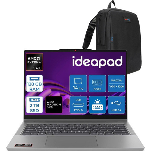 Ideapad 5 2ın1 Amd Ryzen Aı 5 430 128GB Ddr5 2tb SSD Windows 11 Pro Amd Radeon 840M 14" Wuxga (1920X1200) IPS 400NITS 60Hz Dokunmatik Bilgisayar 43014AGP11P44 + Zetta Çanta