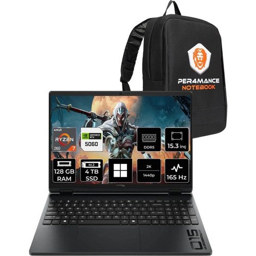 Hyperx Omen 15 Ryzen 7 260 RTX5060 8gb 128GB Ram 4tb SSD 15.3" Fhd+ 165Hz WIN11 Pro D2QV9EAPN450 Gaming Laptop + Per4 Çanta
