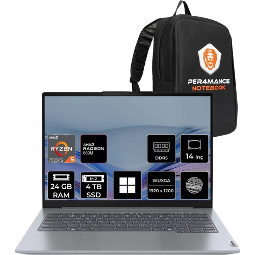 Thinkbook 14 Gen 7 Ryzen 5 7535HS 24GB Ram 4tb SSD 14" Fhd+ WIN11 Pro 21MV001ATRP405 Notebook + Per4 Çanta