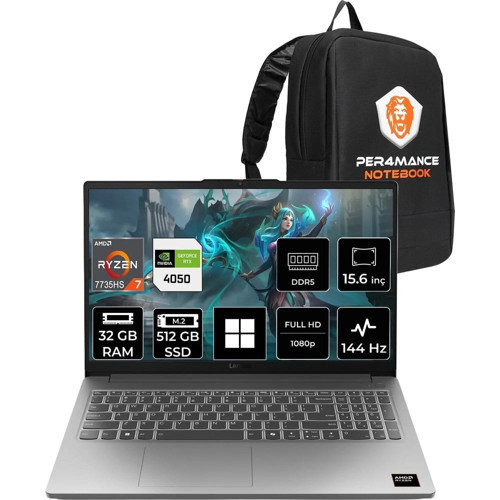 Loq 15ARP10E Ryzen 7 7735HS RTX 4050 32GB RAM 512GB SSD 15.6" FHD 144Hz Win11 Pro 83S0002YTRP386 Gaming Laptop + Per4 Çanta