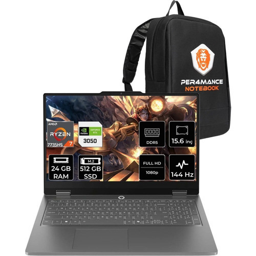 Loq Essential Ryzen 7 7735HS RTX 3050 24GB RAM 512GB SSD 15.6" FHD 144Hz FreeDOS 83S00033TRP310 Gaming Laptop + Per4 Çanta