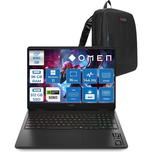 Omen 16-AM0037NT Intel Core Ultra 5 225H 96GB Ddr5 512GB SSD RTX5060 8gb Gddr7 Windows 11 Home 16 Inç Wuxga (1920X1200) 144Hz 300NITS IPS Taşınabilir Bilgisayar C39JBEAH43 + Zetta Çanta