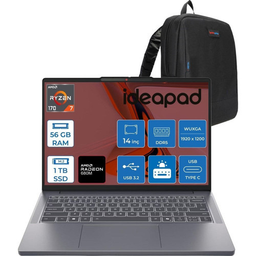 Ideapad Slim 3 14ARP10 Amd Ryzen 7 170 56GB Ddr5 1tb SSD Radeon™ 680M Graphics 14" Wuxga (1920X1200) IPS 300NITS Freedos Taşınabilir Bilgisayar 83K6006JTRF23+ZETTAÇANTA