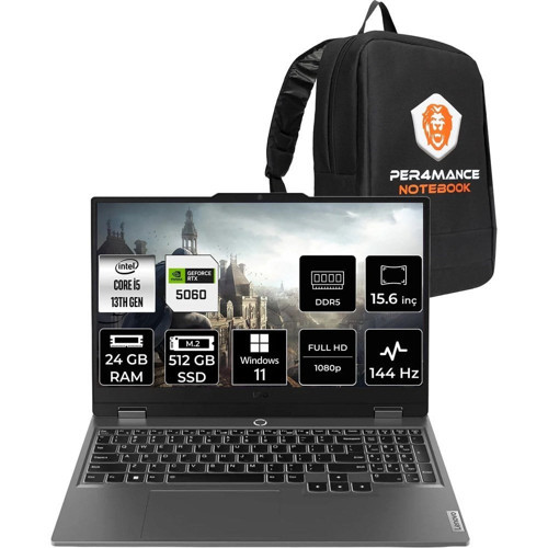 Loq i5 13450HX RTX 5060 8GB Gaming Laptop 24GB RAM 512GB SSD 15.6" FHD 144Hz Win11 Pro + Per4 Çanta 83JE00XRTRP402