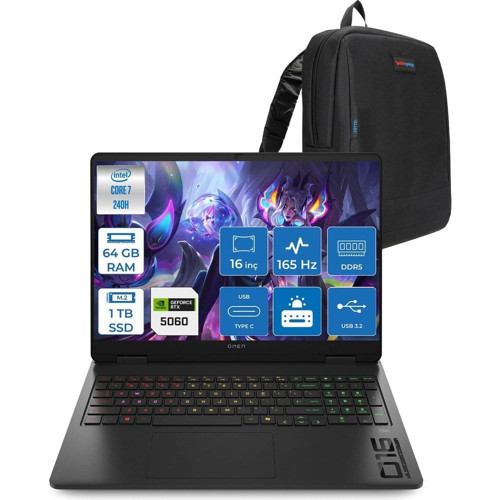 Omen W16-AM0017NT Intel Core 7 240H 64GB Ddr5 1tb SSD Freedos RTX5060 8gb Gddr7 16 Inc Wuxga (1920 x 1200) IPS 165HZ 3ms 400NITS 100% Srgb Gaming Laptop WBQ1Z0EAF38 + Zetta Çanta