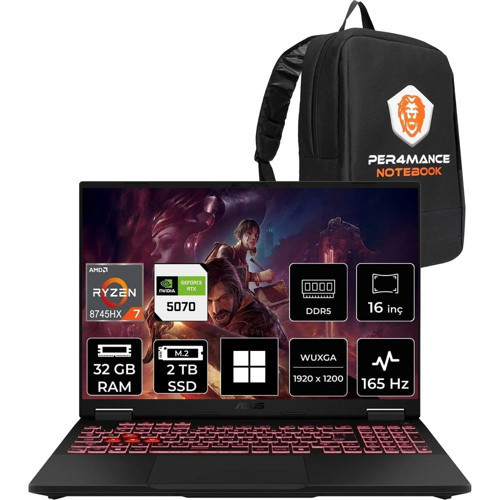 Tuf Gaming A16 Amd Ryzen 7 8745HX Rtx 5070 8gb 115W 32GB Ram 2tb SSD 16" Wuxga (1920X1200) IPS 165Hz WIN11 Pro FA608PPRV15P442 Gaming Laptop + Per4 Çanta