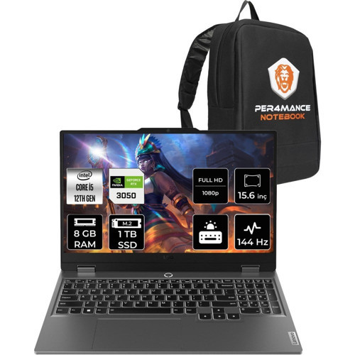 Loq i5 12450HX RTX 3050 Gaming Laptop 8GB RAM 1TB SSD 15.6" FHD 144Hz FreeDOS + Per4 Çanta 83GS0099TRP303