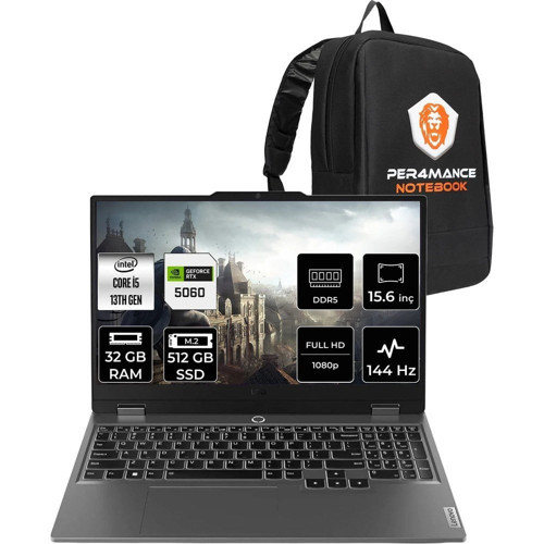 Loq i5 13450HX RTX 5060 8GB Gaming Laptop 32GB RAM 512GB SSD 15.6" FHD 144Hz FreeDOS + Per4 Çanta 83JE00XRTRP317