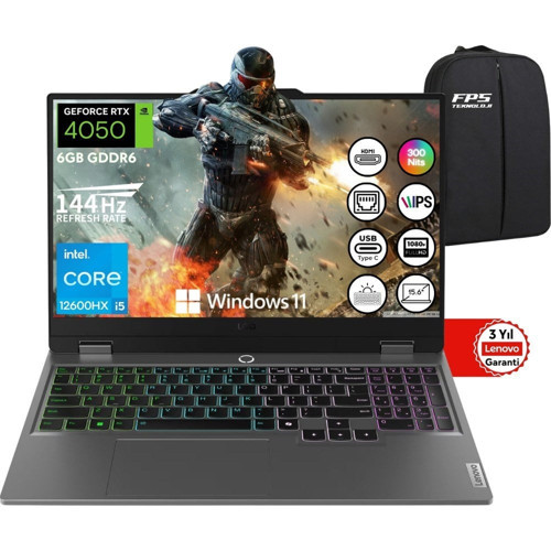 Loq 15IAX9 I5-12600HX RTX4050 105W 8gb Ram 512GB SSD 15.6" Fhd IPS 144Hz W11 83GS00L7TR Taşınabilir Bilgisayar