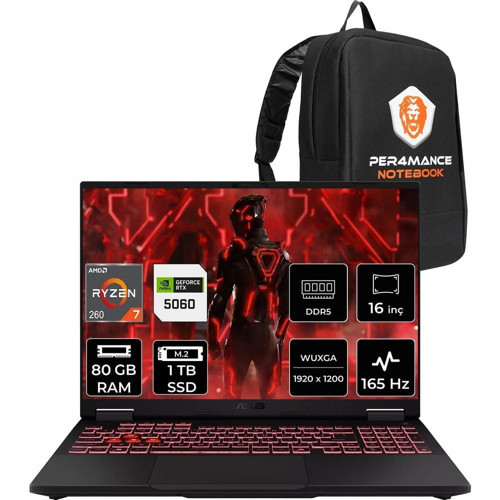 Tuf A16 Ryzen 7 260 RTX 5060 8GB 80GB RAM 1TB SSD 16" FHD+ 165Hz FreeDOS FA608UMRV130P338 Gaming Laptop + Per4 Çanta
