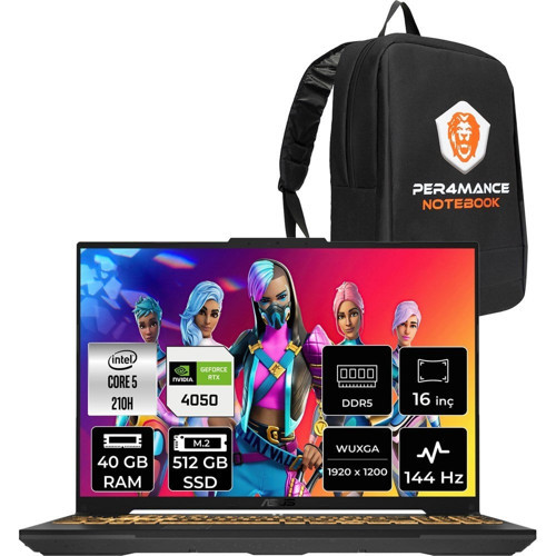 Tuf Gaming F16 Core Ultra 5 210H RTX 4050 Gaming Laptop 40GB RAM 512GB SSD 16" FHD+ 144Hz FreeDOS + Per4 Çanta FX607VURL145P322