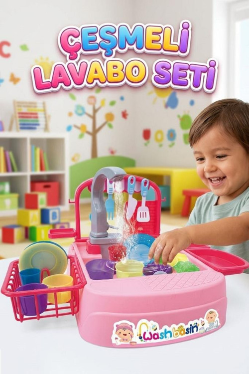 Gerçekci Mutfak Lavabo Setim! Pilli Su Devirdaimli 11 Parça Aksesuarlı Eğitici Oyuncak Seti