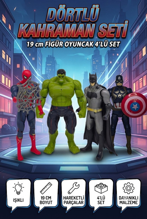 Dörtlü Kutulu Kahraman Seti Batman Örümcek Adam Hulk Kaptan Amerika Figür Oyuncağı