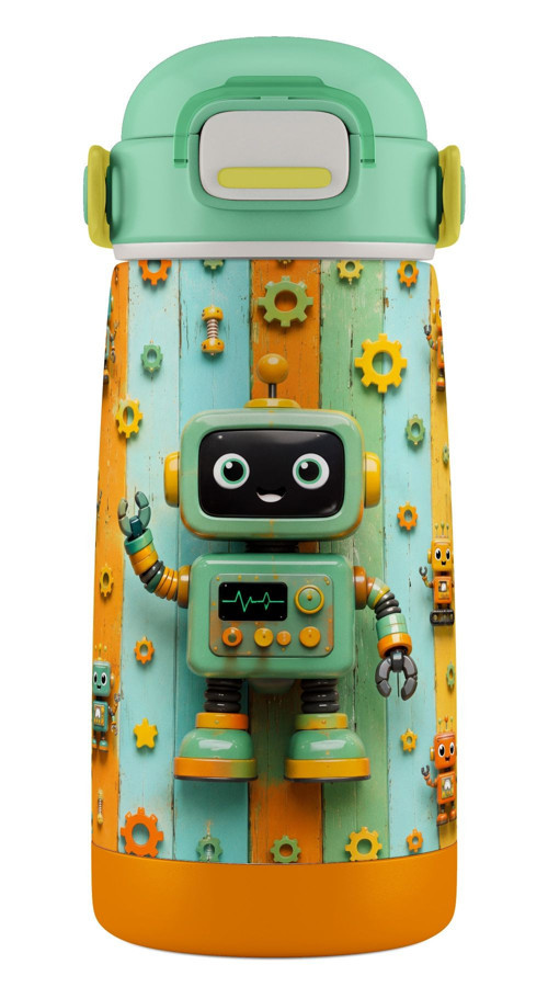 420 ml Erkek Çocuk Yeşil Robot Baskılı Okul Matarası/Termosu - 60016 - Sevimli Robotlar