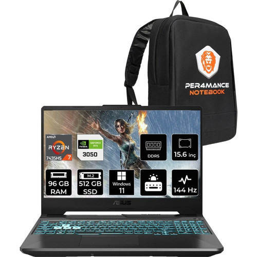 Tuf Gaming A15 Ryzen 7 7435HS RTX 3050 Gaming Laptop 96GB RAM 512GB SSD 15.6" FHD 144Hz Win11 Pro + Per4 Çanta FA506NCRHN034P417