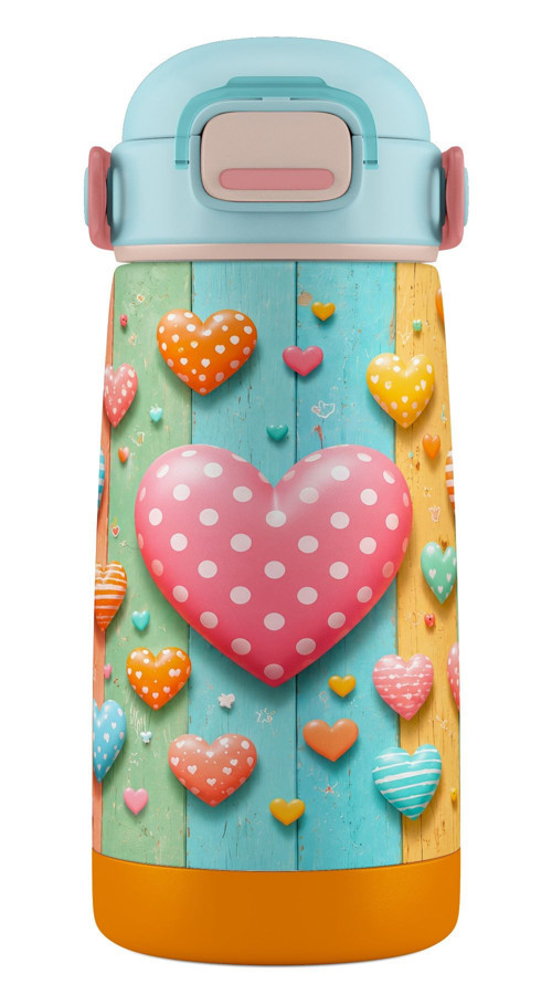 420 ml Kız Çocuklar İçin Paslanmaz Çelik Okul Matarası - 60014 - Kalp Desenli - Pastel Renkli