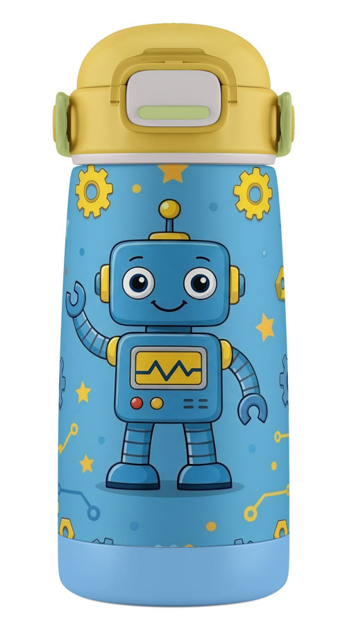 420 ml Mavi Robot Desenli Erkek Çocuk Paslanmaz Çelik Matara Suluk - 60009
