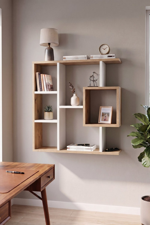 Enda Home Yegane Duvar Rafı, Duvar Kitaplığı, Dekoratif Kitaplık, Modern Kitaplık Beyaz - Çam