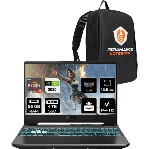 Tuf Gaming A15 Ryzen 7 7435HS RTX 3050 Gaming Laptop 96GB RAM 4TB SSD 15.6" FHD 144Hz FreeDOS + Per4 Çanta FA506NCRHN034P340