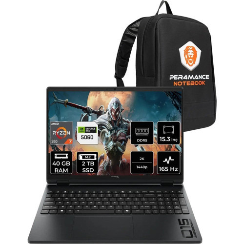 Hyperx Omen 15 Ryzen 7 260 RTX5060 8gb 40GB Ram 2tb SSD 15.3" Fhd+ 165Hz Freedos D2QV9EAPN324 Gaming Laptop + Per4 Çanta