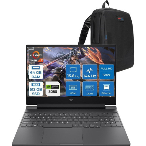 Victus Gaming Amd Ryzen 7-7445HS 64GB Ddr5 512GB SSD Rtx 3050/4GB 15.6" Fhd (1920 x 1080), 144 Hz, Ips, 300 Nits Freedos Gaming Bilgisayar WBX9V1EAF22+ZETTAÇANTA