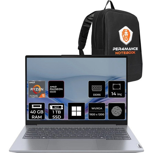 Thinkbook 14 Gen 7 Ryzen 5 7535HS 40GB Ram 1tb SSD 14" Fhd+ WIN11 Pro 21MV001ATRP413 Notebook + Per4 Çanta