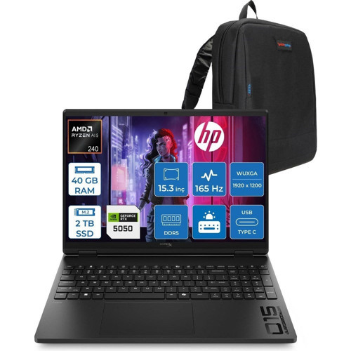 Hyperx Omen Amd Ryzen 5 240 40GB Ddr5 2tb SSD 8GB/RTX5050 15.3" Wuxga 165Hz 6.5ms IPS Windows 11 Home Gaming Bilgisayar D2QW7EAH19 + Zetta Çanta